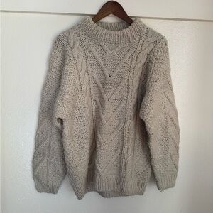 Otavalo 100% Wool Chunky Cable Knit Sweater Cream Handmade Ecuador Fisherman